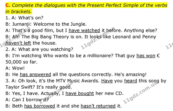 C. Complete the dialogues with the Present Perfect Simple of the verbs in brackets. — ГДЗ Робочий зошит Англійська мова 6 клас Мітчелл