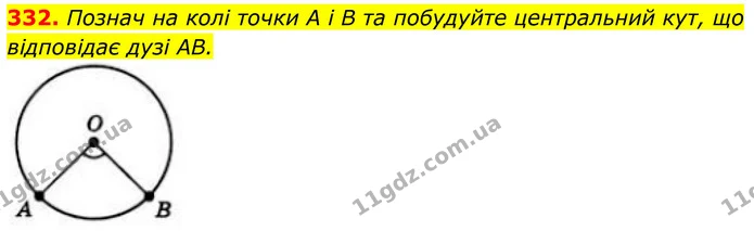 332. Познач на колі точки A і B та побудуйте центральний кут, що відповідає дузі AB. — ГДЗ Геометрія 8 клас Бевз