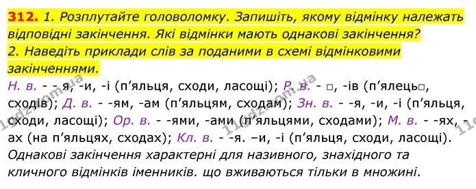 312. 1. Розплутайте головоломку. Запишіть, якому відмінку належать відповідні закінчення. Які відмінки мають однакові закінчення? — ГДЗ Відповіді Українська мова 6 клас Єрмоленко