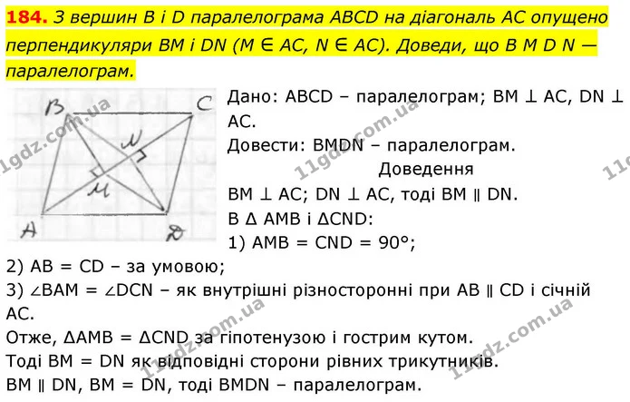 184. З вершин B i D паралелограма ABCD на діагональ AC опущено перпендикуляри BM і DN (М ∈ AC, N ∈ AC). Доведи, що B M D N — — ГДЗ Геометрія 8 клас Бевз