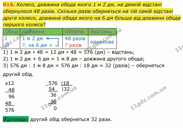 616. Колесо, довжина обода якого 1 м 2 дм, на деякій відстані обернулося 48 разів. Скільки разів обернеться на тій самій відстані друге — ГДЗ Математика 4 клас Лишенко 1-2 ч.