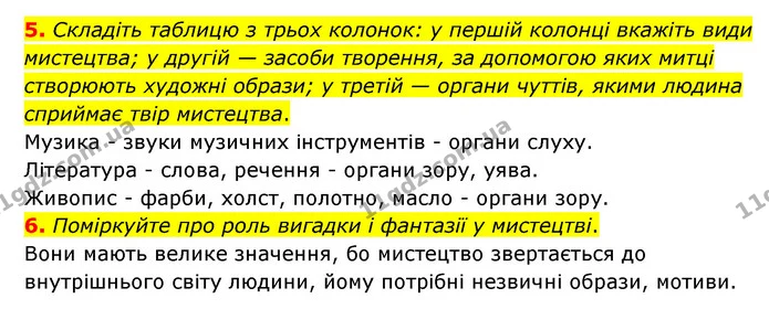 5. Складіть таблицю з трьох колонок: у першій колонці вкажіть види мистецтва; у другій — засоби творення, за допомогою яких митці — ГДЗ Зарубіжна література 6 клас Міляновська