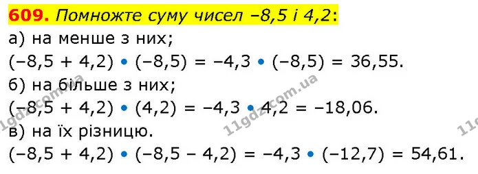 609. Помножте суму чисел –8,5 і 4,2: — ГДЗ Математика 6 клас Бевз 1-2 ч.