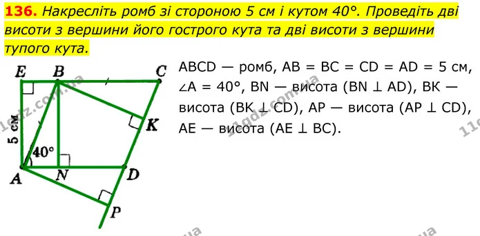 136. Накресліть ромб зі стороною 5 см і кутом 40°. Проведіть дві — ГДЗ Геометрія 8 клас Мерзляк