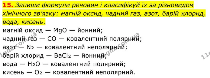 15. Запиши формули речовин і класифікуй їх за різновидом хімічного зв’язку: магній оксид, чадний газ, азот, барій хлорид, вода, кисень. — ГДЗ Хімія 8 клас Ярошенко