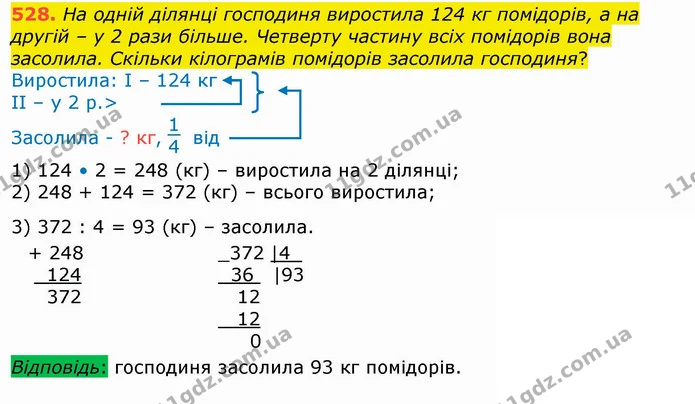 528. На одній ділянці господиня виростила 124 кг помідорів, а на другій – у 2 рази більше. Четверту частину всіх помідорів вона — ГДЗ Математика 4 клас Лишенко 1-2 ч.