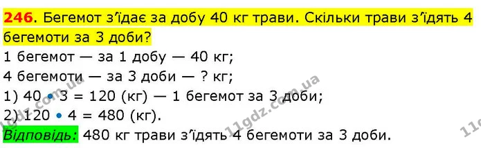 246. Бегемот з’їдає за добу 40 кг трави. Скільки трави з’їдять 4 бегемоти за 3 доби? — ГДЗ Математика 3 клас Козак 1-2 ч.