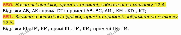 650. Назви всі відрізки, прямі та промені, зображені на малюнку 17.4. — ГДЗ Математика 5 клас Істер 2022