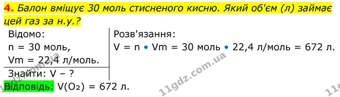 4. Балон вміщує 30 моль стисненого кисню. Який об'єм (л) займає цей газ за н.у.? — ГДЗ Хімія 8 клас Мідак