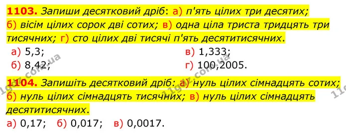 1103. Запиши десятковий дріб: а) п'ять цілих три десятих; — ГДЗ Математика 5 клас Бевз