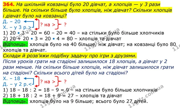 364. На шкільному стадіоні було 948 глядачів, серед яких 375 дорослих, решта — діти. Дівчаток було 217. Скільки хлопчиків було на — ГДЗ Математика 3 клас Заїка 1-2 ч.
