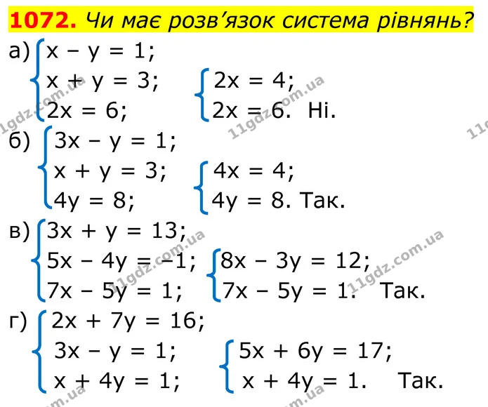 1072. Чи має розв’язок система рівнянь? — ГДЗ Алгебра 7 клас Бевз