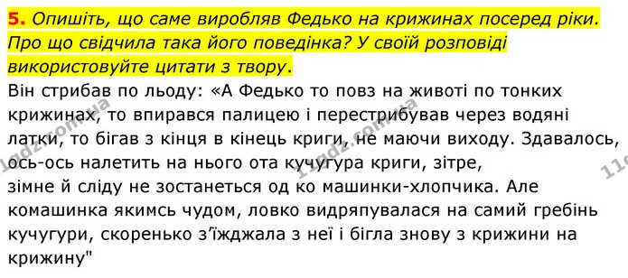5. Опишіть, що саме виробляв Федько на крижинах посеред ріки. Про що свідчила така його поведінка? У своїй розповіді використовуйте — ГДЗ Українська література 5 клас Заболотний