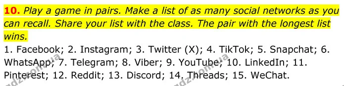 10. Play a game in pairs. Make a list of as many social networks as you can recall. Share your list with the class. The pair with the — ГДЗ Англійська мова 8 клас Карпюк 2025