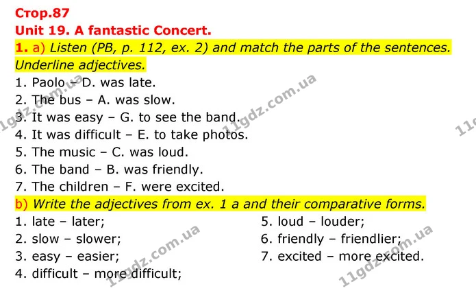 1. a) Listen (PB, p. 112, ex. 2) and match the parts of the sentences. Underline adjectives. — ГДЗ Робочий зошит Англійська мова 5 клас Косован (Дж. Коста)