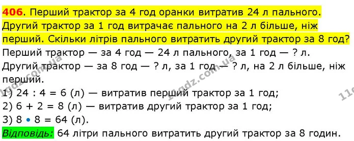 406. Перший трактор за 4 год оранки витратив 24 л пального. Другий трактор за 1 год витрачає пального на 2 л більше, ніж перший — ГДЗ Математика 3 клас Козак 1-2 ч.