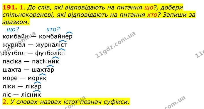 191. 1. До слів, які відповідають на питання що?, добери спільнокореневі, які відповідають на питання хто? Запиши за зразком. — ГДЗ Українська мова та читання 3 клас Коваленко (1 частина)