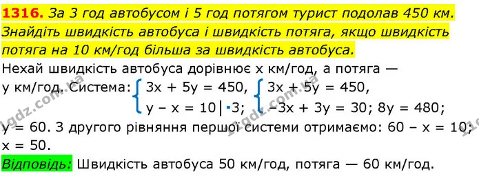 1316. За 3 год автобусом і 5 год потягом турист подолав 450 км. Знайдіть швидкість автобуса і швидкість потяга, якщо швидкість потяга — ГДЗ Алгебра 7 клас Істер 2024