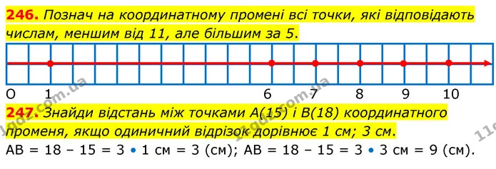 246. Познач на координатному промені всі точки, які відповідають числам, меншим від 11, але більшим за 5. — ГДЗ Математика 5 клас Скворцова 2022