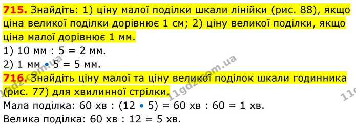 715. Знайдіть: 1) ціну малої поділки шкали лінійки (рис. 88), якщо ціна великої поділки дорівнює 1 см; 2) ціну великої поділки, якщо — ГДЗ Математика 5 клас Кравчук