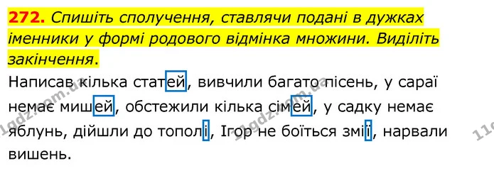 272. Спишіть сполучення, ставлячи подані в дужках іменники у формі родового відмінка множини. Виділіть закінчення. — ГДЗ Українська мова 6 клас Заболотний 2020