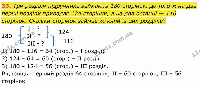 33. Три розділи підручника займають 180 сторінок, до того ж на два перші розділи припадає 124 сторінки, а на два останні — 116 — ГДЗ Математика 5 клас Кравчук