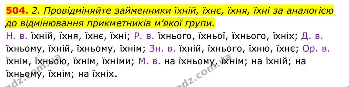 504. 2. Провідміняйте займенники їхній, їхнє, їхня, їхні за аналогією до відмінювання прикметників м’якої групи. — ГДЗ Відповіді Українська мова 6 клас Єрмоленко