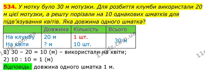 534. У мотку було 30 м мотузки. Для розбиття клумби використали 20 м цієї мотузки, а решту порізали на 10 однакових шматків для — ГДЗ Математика 3 клас Листопад 1-2 ч.