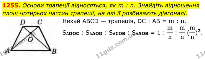 1255. Основи трапеції відносяться, як m : n. Знайдіть відношення площ чотирьох частин трапеції, на які її розбивають діагоналі. — ГДЗ Геометрія 8 клас Бурда