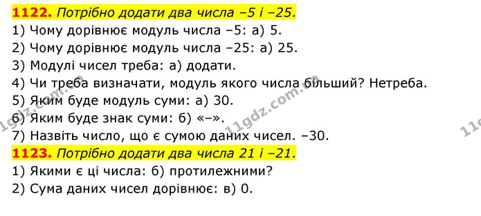 1122. Потрібно додати два числа –5 і –25. — ГДЗ Математика 6 клас Тарасенкова 2023 1-2 ч.