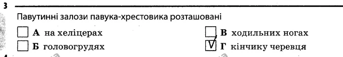 3. Павутинні залози павука-хрестовика розташовані Г (кінчику черевця) — ГДЗ Робочий зошит Біологія 7 клас Задорожний