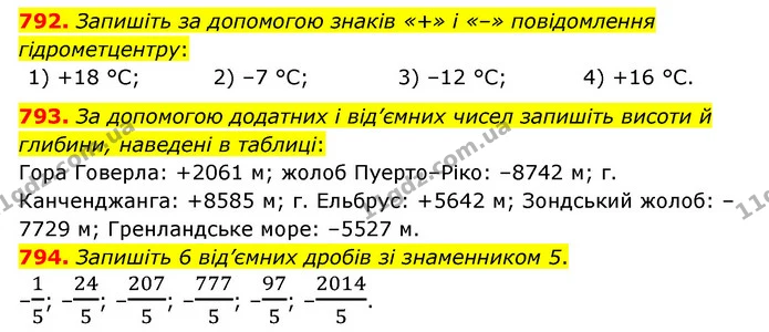 792. Запишіть за допомогою знаків «+» і «–» повідомлення гідрометцентру: — ГДЗ Математика 6 клас Мерзляк 2023 1-2 ч.