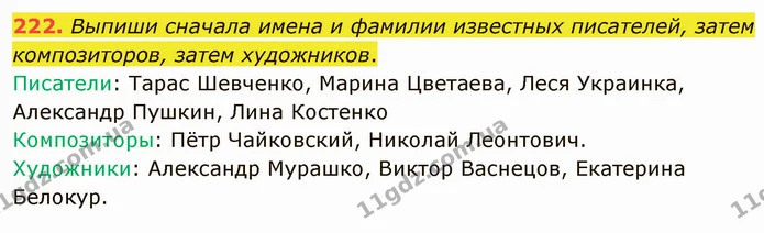 222. Выпиши сначала имена и фамилии известных писателей, затем композиторов, затем художников. — ГДЗ Русский язык и чтение 3 класс Лапшина