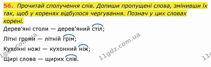 56. Прочитай сполучення слів. Допиши пропущені слова, змінивши їх так, щоб у коренях відбулося чергування. Познач у цих словах корені. — ГДЗ Українська мова та читання 4 клас Захарійчук