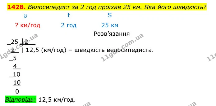 1428. Велосипедист за 2 год проїхав 25 км. Яка його швидкість? — ГДЗ Математика 5 клас Бевз