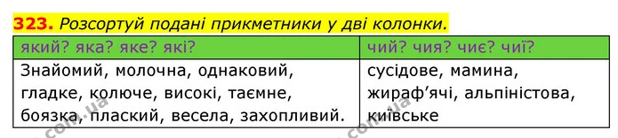 323. Розсортуй подані прикметники у дві колонки. — ГДЗ Українська мова 6 клас Онатій