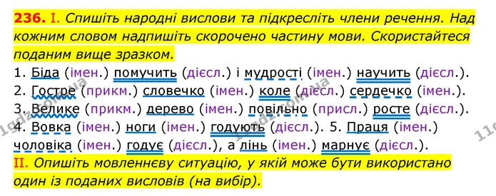 236. І. Спишіть народні вислови та підкресліть члени речення. Над кожним словом надпишіть скорочено частину мови. Скористайтеся поданим — ГДЗ Українська мова 6 клас Заболотний 2023