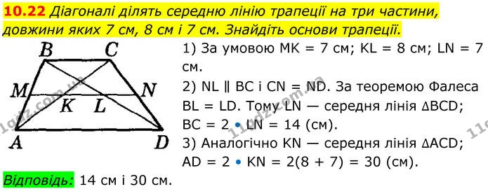10.22 Діагоналі ділять середню лінію трапеції на три частини, довжини яких 7 см, 8 см і 7 см. Знайдіть основи трапеції. — ГДЗ Геометрія 8 клас Істер