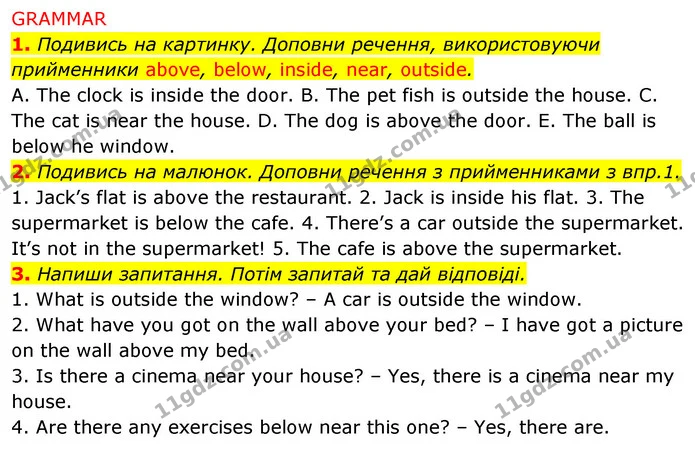 1. Подивись на картинку. Доповни речення, використовуючи прийменники above, below, inside, near, outside. — ГДЗ Англійська мова 5 клас Коста Джоанна