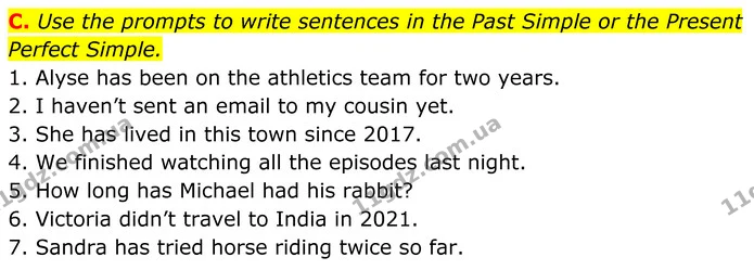 C. Use the prompts to write sentences in the Past Simple or the Present Perfect Simple. — ГДЗ граматика Англійська мова 7 клас Мітчелл