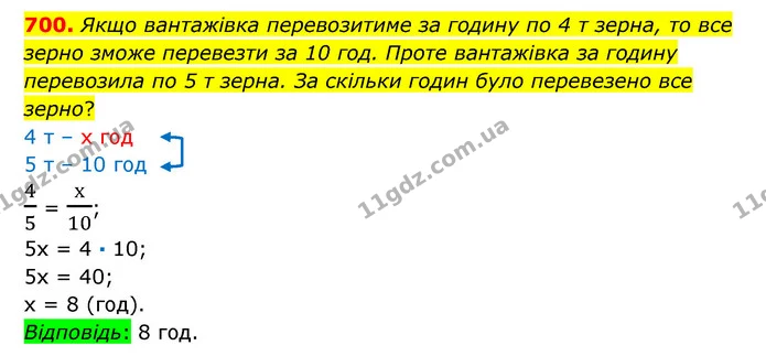 700. Якщо вантажівка перевозитиме за годину по 4 т зерна, то все зерно зможе перевезти за 10 год. Проте вантажівка за годину перевозила — ГДЗ Математика 6 клас Істер 2023 1-2 ч.