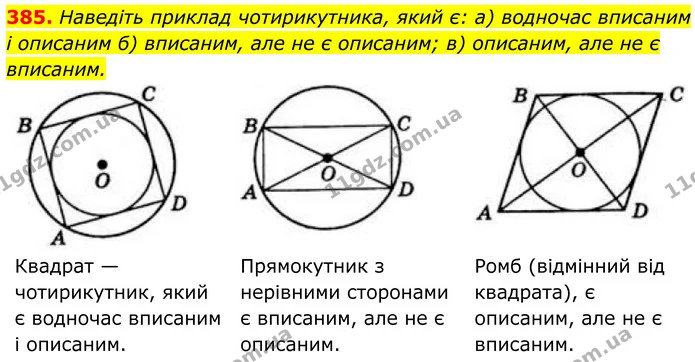 385. Наведіть приклад чотирикутника, який є: а) водночас вписаним і описаним б) вписаним, але не є описаним; в) описаним, але не є — ГДЗ Геометрія 8 клас Бевз