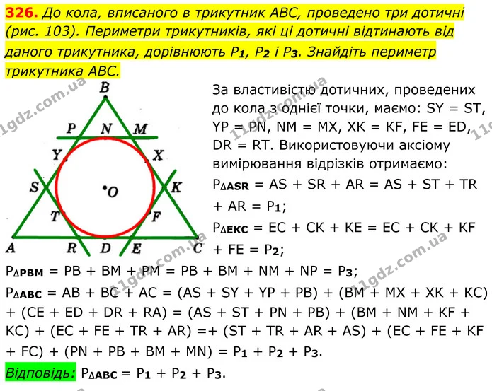 326. До кола, вписаного в трикутник ABC, проведено три дотичні (рис. 103). Периметри трикутників, які ці дотичні відтинають від даного — ГДЗ Геометрія 8 клас Мерзляк