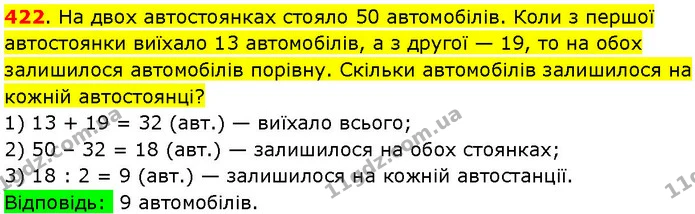 422. На двох автостоянках стояло 50 автомобілів. Коли з першої автостоянки виїхало 13 автомобілів, а з другої — 19, то на обох — ГДЗ Математика 3 клас Козак 1-2 ч.