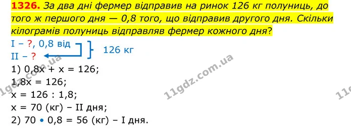1326. За два дні фермер відправив на ринок 126 кг полуниць, до того ж першого дня — 0,8 того, що відправив другого дня. Скільки — ГДЗ Математика 6 клас Кравчук 2023