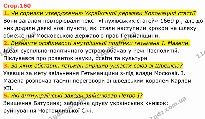1. Чи сприяли утвердженню Української держави Коломацькі статті? — ГДЗ Історія України 8 клас Щупак