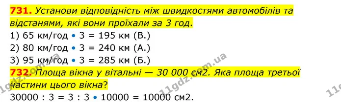731. Установи відповідність між швидкостями автомобілів та відстанями, які вони проїхали за 3 год. — ГДЗ Математика 4 клас Бевз 1 та 2 частини