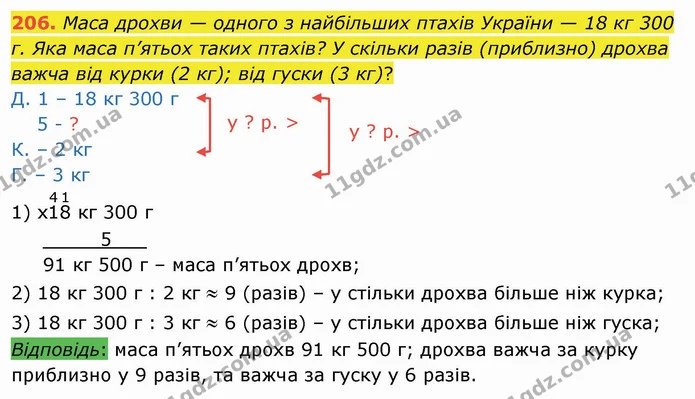 206. Маса дрохви — одного з найбільших птахів України — 18 кг 300 г. Яка маса п’ятьох таких птахів? У скільки разів (приблизно) дрохва — ГДЗ Математика 4 клас Заїка