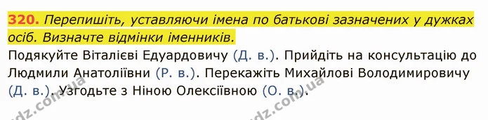 320. Перепишіть, уставляючи імена по батькові зазначених у дужках — ГДЗ Українська мова 6 клас Глазова