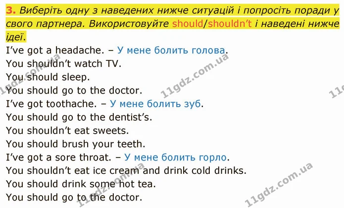 3. Виберіть одну з наведених нижче ситуацій і попросіть поради у свого партнера. Використовуйте should/shouldn’t і наведені нижче ідеї. — ГДЗ Англійська мова 4 клас Мітчелл 2026